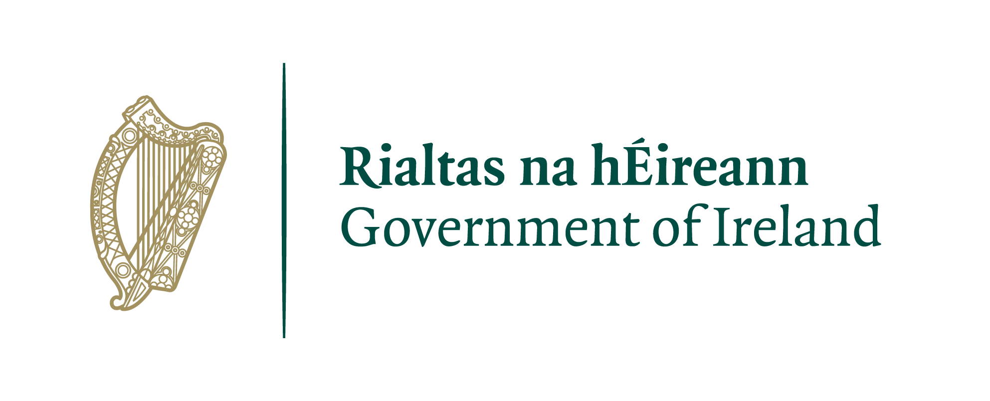 The image shows the Government of Ireland logo with a gold harp on the left and Rialtas na hÉireann Government of Ireland in green text on the right.