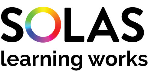 The SOLAS logo with the letter O in a rainbow gradient. Below, the words learning works are written in black lowercase letters.