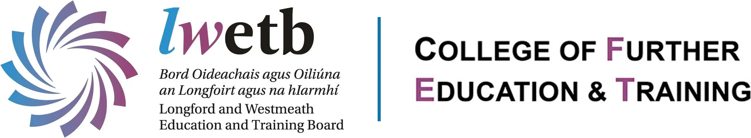 Logo for Longford and Westmeath Education and Training Board (LWETB) on the left, and College of Further Education & Training text on the right, separated by a blue vertical line.