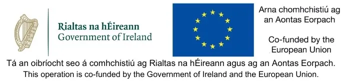 Logos of the Government of Ireland and the European Union with text stating, This operation is co-funded by the Government of Ireland and the European Union in both Irish and English.