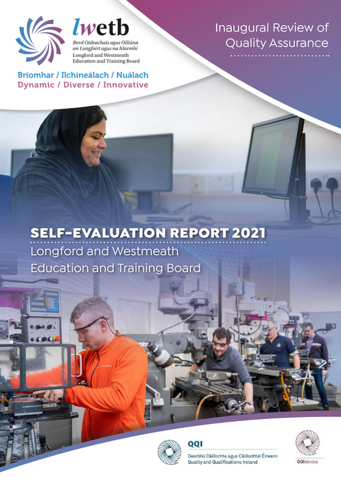 Self-Evaluation report 2021. The Front cover shows a learner looking at a monitor smiling and an electrical apprentices in a workshop.