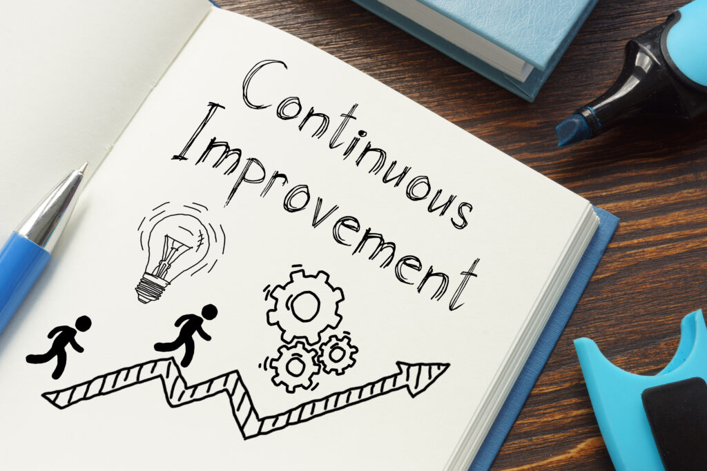 Notebook page with the words “Continuous Improvement”, a zigzag arrow, two stick figures moving forward, cogs, and a lightbulb, symbolising progress, innovation, quality assurance, and ongoing development.