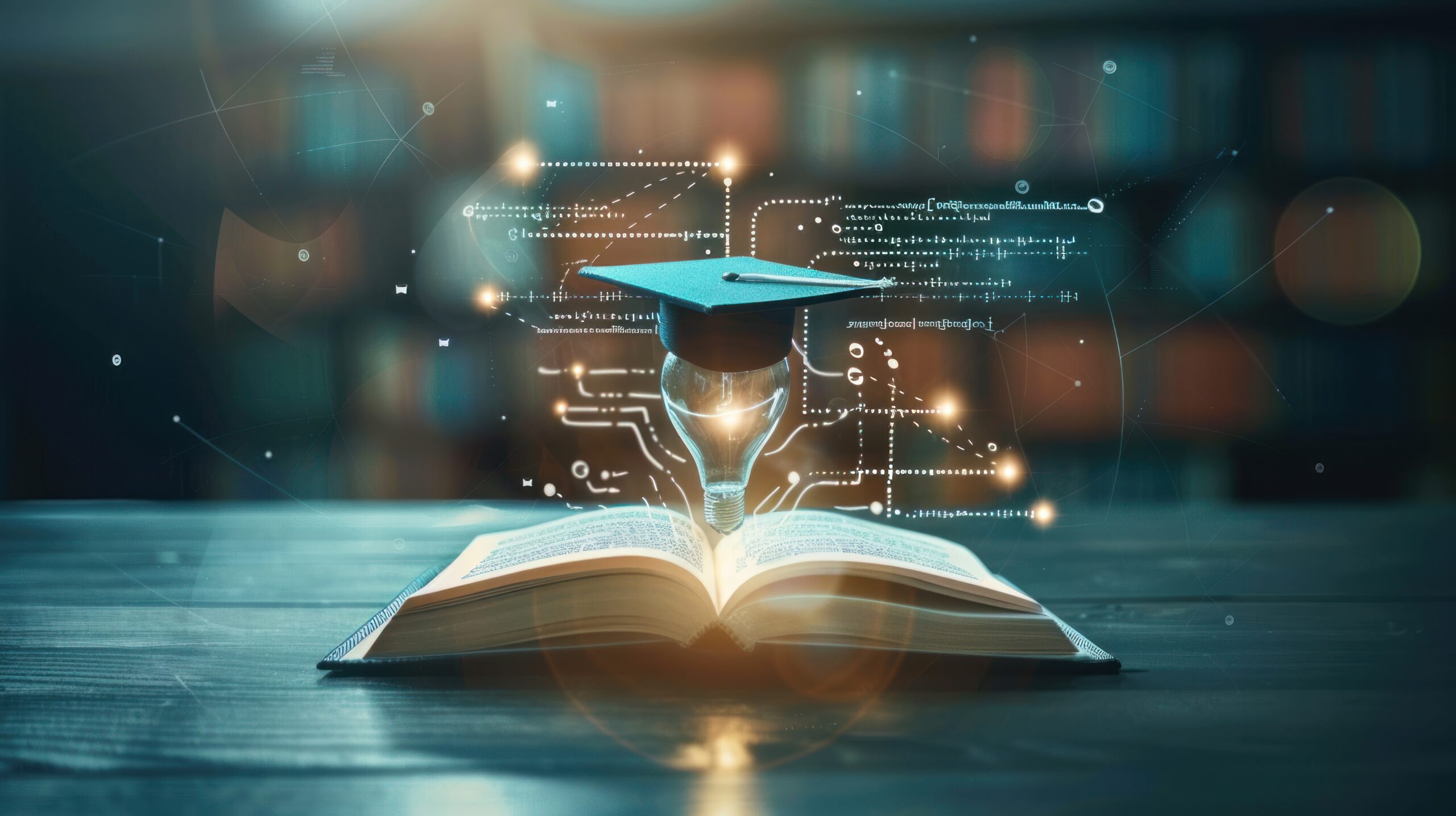 An open book on a table with a graduation cap hovering above it, surrounded by glowing digital lines and symbols, representing knowledge, education, technology, and empowering learners. Blurred bookshelves are in the background.