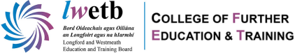 The LWETB logo features a purple and blue swirling design, Irish and English text, and “College of Further Education & Training” in large black letters, with some highlighted in pink and purple for a vibrant LWETB identity.