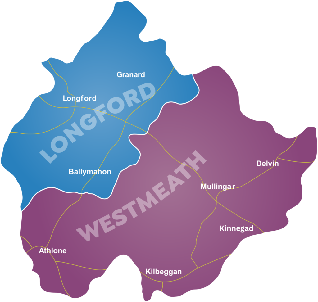 Map showing the counties of Longford and Westmeath in Ireland, with major towns such as Granard, Longford, Ballymahon, Athlone, Mullingar, Delvin, Kilbeggan, and Kinnegad marked.