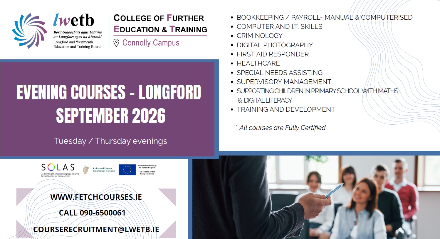 Promotional poster for Longford evening courses, September 2026, listing available accredited courses and contact information for the College of Further Education & Training, Connolly Campus.